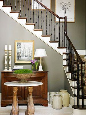 Staircase Ideas- I've always wanted to have a two story house and have a spiral staircase Staircase Walls, Painted Staircase, Staircase Spindles, Staircase Metal, Black Railing, Iron Spindles, Metal Spindles, Staircase Runner, Wood Handrail