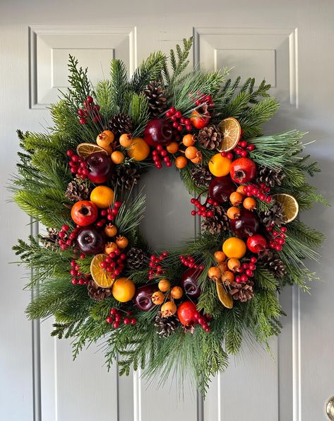 Red And Orange Christmas, Fruit Wreaths, Door Fall Decor, Apple Pomegranate, Holiday Front Door, Pomegranate Decor, Wreath Hook, Apple Wreath, Etsy Wreaths