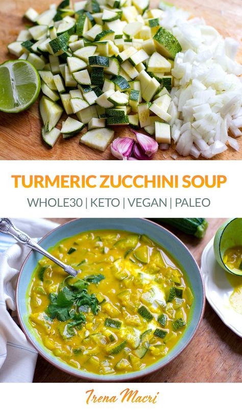 Cooked with creamy coconut milk and anti-inflammatory turmeric spice, this zucchini soup is healing and nutritious, perfect for those with digestion or gut-health issues or simply looking for a light yet satisfying meal. It's paleo, vegan, gluten-free, keto and Whole30 friendly. #soups #zucchini via @irena_macri Zucchini Soup Recipes, Soup Paleo, Stews Recipes, Turmeric Spice, Paleo Soup, Zucchini Soup, Pre Cooked Chicken, Superfood Salad, Healthy Vegetable