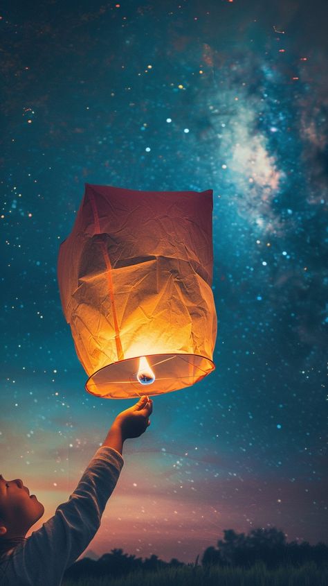 Starry Lantern Release: A person releases a glowing lantern into the star-scattered sky on a serene night. #starry #lantern #release #night #sky #aiart #aiphoto #stockcake ⬇️ Download and 📝 Prompt 👉 https://ayr.app/l/s2QE Lanterns To Release In Sky, Sky Lantern Drawing, Sky Lanterns Photography, Lanterns Drawing, Chath Pooja Image, Lantern Release, Lantern Aesthetic, Lantern Photography, Glowing Lantern