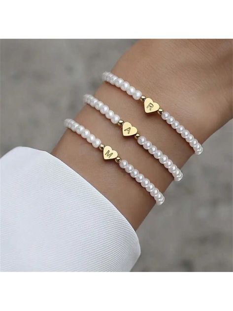 Gold  Collar  Plastic   Embellished   Women's Fashion Jewelry Heart Shape Pendant, Name Bracelet, Watches Women Fashion, Silver Accessories, Colorful Heart, Cuff Bangles, Pearl Bracelet, Pearl Beads, Fashion Bracelets