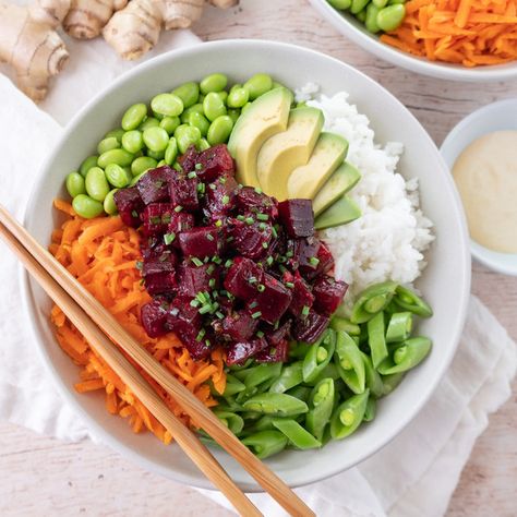 Mealime - Vegan Beet "Poke" Bowl with Edamame, Snap Peas, Carrots & Sesame Mayo Beet Poke Bowl, Beet Poke, Sesame Mayo, Beet Recipes, Vegan Cookbook, Roasted Beets, Poke Bowl, Snap Peas, Vegan Condiments