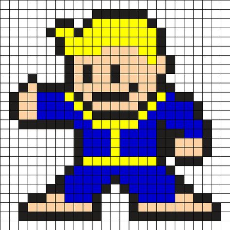 Fallout Vault Boy Perler Bead Pattern / Bead Sprite Fallout Crochet Pattern, Fallout Perler, Fallout Perler Beads, Fallout Pixel Art, Video Game Perler Bead Patterns, Crochet Blanket Boy, Perler Creations, Nerd Crafts, Pony Bead Patterns