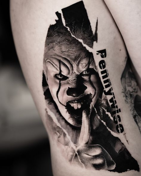 Horror Back Tattoo, Art The Clown Tattoo, Evil Clown Tattoos, Negative Space Tattoo, Horror Clown, Dark Tattoos, Evil Tattoo, Clown Tattoo, Space Tattoo