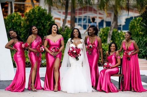 Fuschia Bridesmaid Dresses, Pantora Bridal, Real Bridesmaids, Light Pink Bridesmaids, Light Pink Bridesmaid Dresses, Black Bridesmaids, Curvy Bride, Munaluchi Bride, Pink Bridesmaid Dresses