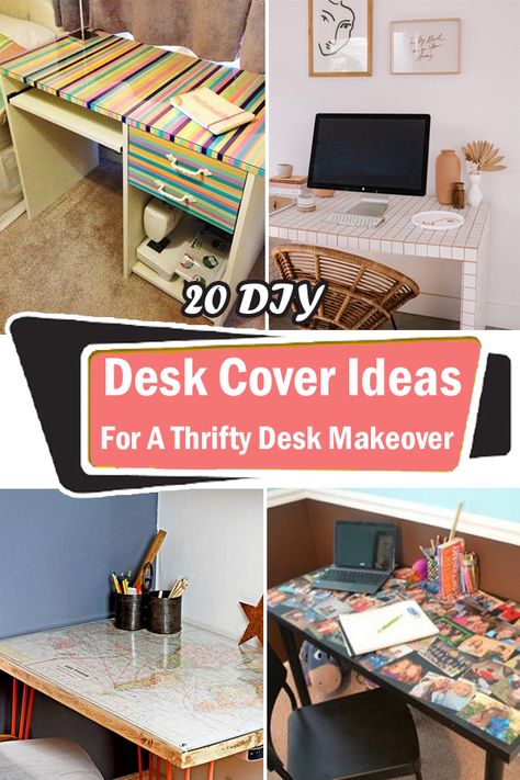 Give your workstation a stylish makeover with these DIY Desk Cover Ideas that look trendy but don't cost much! Desk Top Covers, Desk Upcycle Ideas Wood, Cover Desk With Wallpaper, Cover Desk With Fabric, Desk Tops Ideas, Diy Desk Upgrade, Wallpaper On Desk Top, Dorm Desk Makeover, Diy Desktop Surface