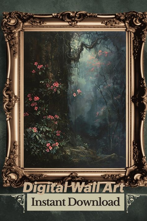 Indulge in the haunting allure of nature with our gothic wall art print featuring a dark tropical forest. Lush foliage and ancient trees merge in a mysterious dance, while blooming flowers add an eerie charm. Perfect for dark academia or goblincore decor, this vintage-inspired piece invites you into a realm of enchanting darkness. 🌿🖤🌺 Jungle Art Tropical, Dark Wall Decor, Goblincore Decor, Dark Room Decor, Decor Dark Academia, Dark Tropical, Dark Jungle, Dark Academia Prints, Wall Art Dark