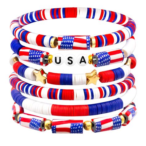 PRICES MAY VARY. 4th of July Bracelets: You will receive 6pcs preppy bracelets, made of red white and blue clay bracelets with USA letters and American flag strung on an elastic cord, symbolizing a strong patriotic atmosphere. Show your love to great America with these 4th of July bracelets for women！ Materials & Size: The 4th of July bracelets bulk are made of high-quality materials, including alloy and clay beads. 100% Handmade, adds a touch of elegance and uniqueness to the design, making it 4th Of July Bracelets, 4th Of July Accessories, Usa Bracelet, Blue Bracelets, Patriotic Bracelet, Bracelets Red, Clay Bracelets, Preppy Bracelets, Clay Bead Bracelet