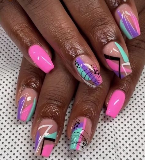 Fun Bright Nails Summer, Busy Nails Designs, Tabitha Brown Nails, Fun Bright Nail Designs, Summer Nails 2023, Bright Nail Designs, Pedi Ideas, Fab Nails, Classy Nail