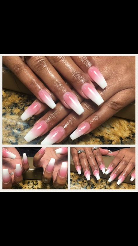 Pink And White Ombré Dip Nails, Long Pink And White Ombre Nails, Powder Ombre Nails, Pink And White Ombré Nails, Pink To White Gradient Nails, Dip Powder Ombre, Pink And White Ombre With Glitter, Pink White Ombre With Glitter, White Ombré Nails