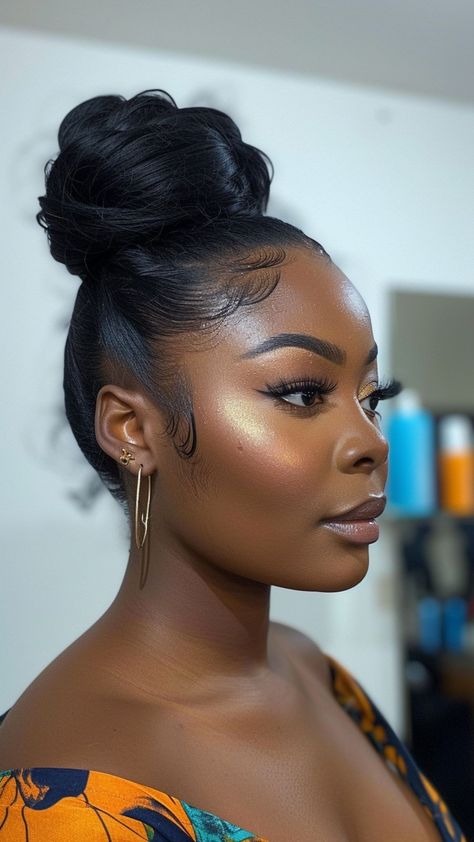 25 Best Valentine's Day Hairstyles to Express Love Bridesmaids Hairstyles Bun, Sleek Ponytail With Side Part, High Bun Hairstyles Black Women, Ponytail With Hair Down, Pinned Hairstyles For Black Women, Pulled Back Natural Hairstyles, Updo Wedding Guest Hairstyles, Top Bun Black Women, Elegant Bun Black Women