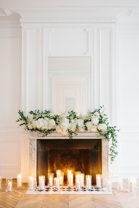 Wedding Fireplace Decorations, Wedding Mantle, Wedding Fireplace, Martha Weddings, Candles In Fireplace, Paris Wedding, Wedding Aesthetic, Cozy Fireplace, White Hydrangea