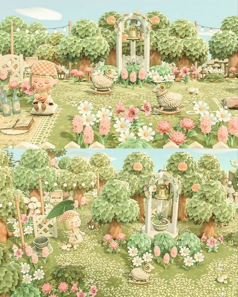 Acnh Pink Springcore, Acnh Island Designs Fairycore, Acnh Pink Cottagecore, Meadowcore Acnh, Acnh Garden, Acnh Spring, Cottage Core Animal Crossing, Cottage Core Garden, Fairy Island