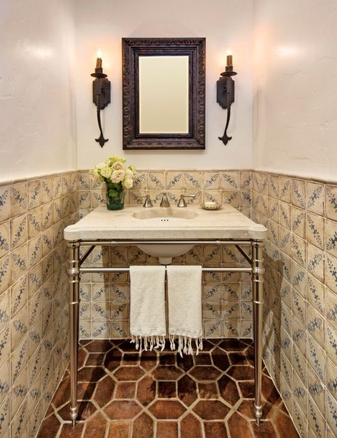 Colonial Powder Room, Hacienda Bathroom, Ranch House Renovation, Colonial Interiors, Charlotte Moss, Spanish Decor, Colonial Interior, Historic Renovation, Santa Barbara California