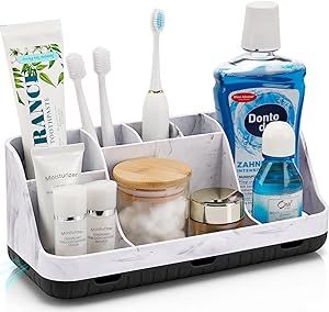 GFWARE Marble Bathroom Countertop Organizer - Detachable 7 Slots Kids Electric Toothbrush and Toothpaste Holde Drainage for Bathroom Accessories Organization Counter Vanity Storage, Black Styling Long Bathroom Countertop, Bathroom Sponge Storage, Organizing Bathroom Countertop Storage, Tooth Brush Storage Hidden, Boy Bathroom Accessories, Bathroom Tooth Brush Storage, Counter Top Toothbrush Holder, Cheap Functional Cosmetic And Toiletry Storage For Daily Use, Hairbrush Storage Bathroom