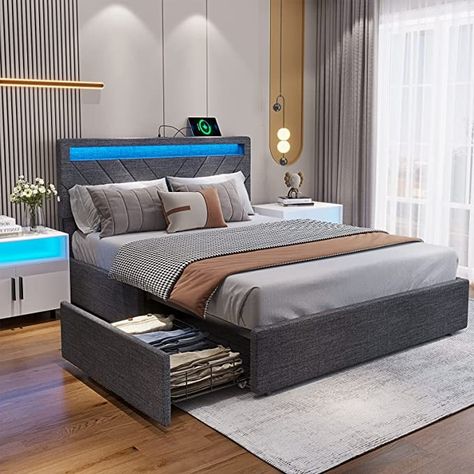 https://amzn.to/3SsvHnr Lights Headboard, Upholstered Bed With Storage, Modern Style Bed, Modern Upholstered Beds, Led Bed, Upholstered Storage Bed, Led Beds, Bed Frame With Drawers, Bed With Led Lights