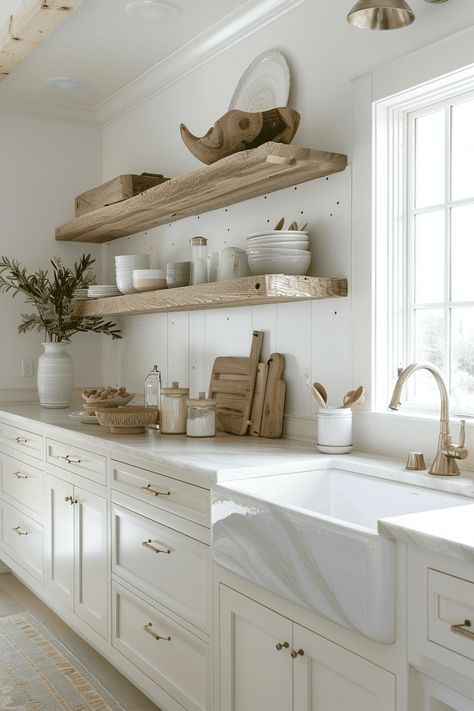 White Beach Cottage, Rustic Coastal Kitchen, Blue Kitchen Interior, Kitchen Beach House, Beach Cottage Kitchens, Neutral Coastal Decor, Coastal Kitchen Ideas, White Kitchen Cupboards, Florida Decorating