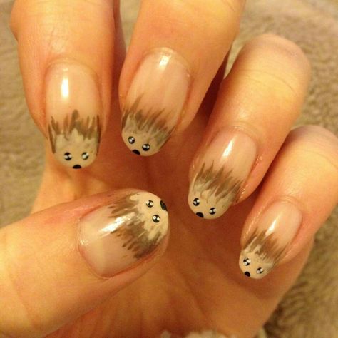 Hedgehog nail art ♡ Hedgehog Nail Art, Cute Animal Nails, Hedgehog Nails, Biogel Nails, Animal Nail Designs, Short Coffin Nails Designs, Snowman Nails, Kids Nail Designs, Butterfly Nail Designs