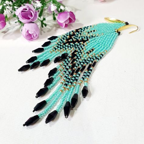 Turquoise Fringe Earrings, Large Beaded Earrings, Seed Bead Fringe Earrings, Bead Fringe Earrings, Long Beaded Earrings, Seed Bead Crafts, Tropical Jewelry, Bead Fringe, Japanese Beads