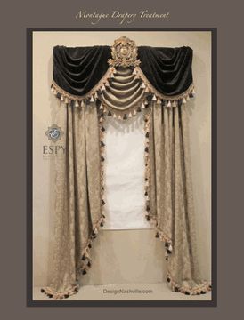 Custom Draperies by Tanna Espy, Design Nashville Mediterranean Window, Victorian Window Treatments, Royal Curtain Designs, Curtains With Tassel Trim, Creative Curtains, Luxury Drapery, Purple Damask Curtains, Swags And Tails, Drapery Treatments