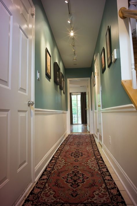 Ideal entry way / narrow hallway look!  Sage green, chair rails, and white (Glass of Milk by Martha Stewart (Home Depot)??) Green Wall With Chair Rail, Sage Green Chair Rail, Hallway Sage Green, Sage Green Hallway Ideas, Narrow Corridor Ideas, Sage Hallway, Sage Green Chair, Dado Rail Hallway, Hallway Green