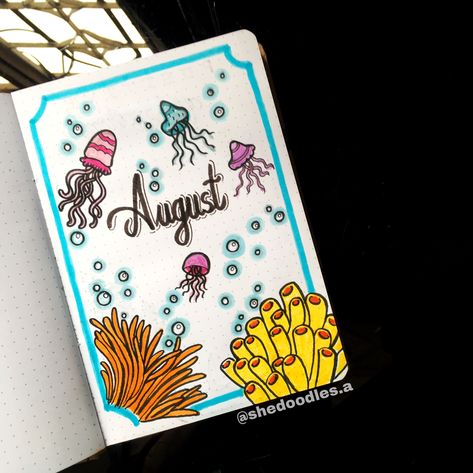 August Bullet Journal, Ocean Theme Zoology Cover Page Design, Zoology Project Cover Page Ideas, Bujo Ocean Theme, Zoology Project, August Bullet Journal Ideas, Bookmark Contest, August Bullet Journal Cover, Bujo Pages, Bullet Journal Cover Page Ideas