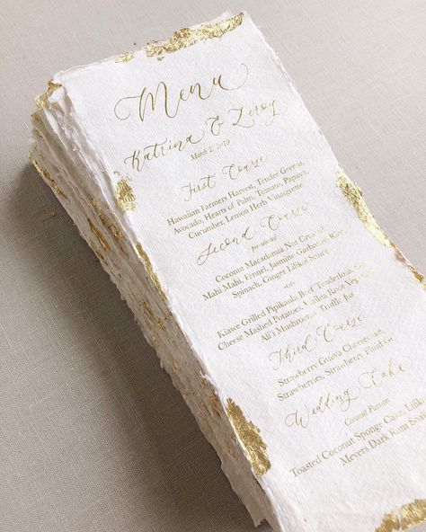 Gold Menu Design, White And Gold Menu Cards, Gold Foiled Wedding Invitations, Gold Foil Leaf Wedding Invitations, Gold Foil Stationery, Diy Soap Bars, Hawaii Luau, Commitment Ceremony, Wedding Menu Cards