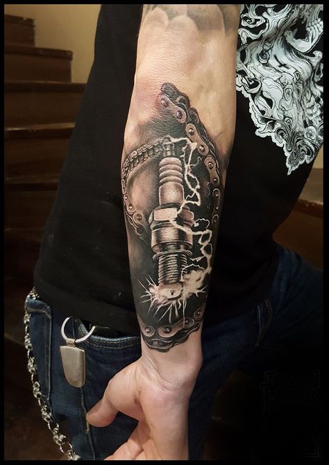 Spark Tattoo, Pony Tattoo, Piston Tattoo, Biker Tattoo, Gear Tattoo, Harley Tattoos, Tattoo Black And Grey, Black And Grey Tattoo, Mechanic Tattoo