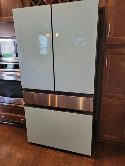 Ge Cafe Refrigerator French Doors, Samsung Glass Fridge, White Glass Refrigerator Kitchen, Samsung Bespoke White, Must Haves For New House, Samsung Bespoke Fridge, Bespoke Fridge, Glass Front Refrigerator, Chefs Kitchen Design