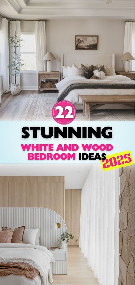 Achieve a timeless look with these trending white and wood bedroom designs. Blend soft tones with natural textures for a perfect balance of style and comfort. White Oak Furniture Bedroom, Bedroom With White Wooden Bed, White Bedframe Ideas Modern, White And Dark Wood Bedroom, Dark Wood And White Bedroom, Bedroom White And Wood, White And Oak Bedroom, White And Wood Bedroom Ideas, White And Wood Bedroom