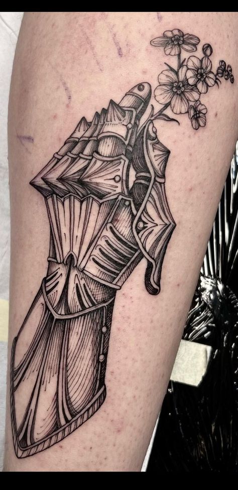 Knights Tale Tattoo, Hand Armor Tattoo, Knight Glove Tattoo, Medieval Aesthetic Tattoo, Knight Gauntlet Tattoo, Arthurian Legend Tattoo, Medieval Armor Tattoo, Medevial Tattoos, Knight Hand Tattoo