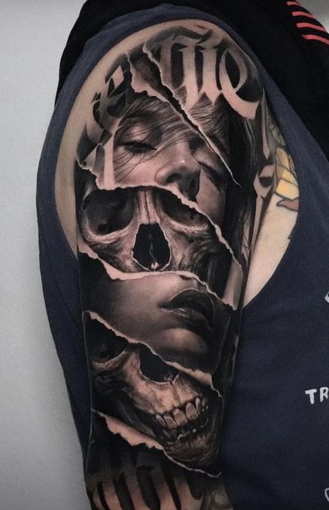 Sketchy Tattoo Ideas, Men Realism Tattoo, Black Realism Tattoo, Good Evil Tattoo, Tattoo Realis, Dark Realism Tattoo Design, Black And Grey Realism Tattoo Design, Realism Sleeve Tattoo, Skull Arm Tattoo