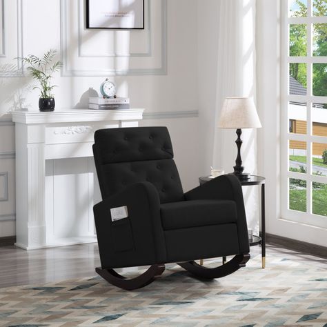 Isabelle & Max™ Stretton Upholstered Rocking Chair | Wayfair Nursery Glider Chair, Upholstered Rocking Chair, Book Play, Upholstered Rocking Chairs, Modern Rocking Chair, Rocking Chair Nursery, Taking A Nap, Comfortable Space, Chair Wood