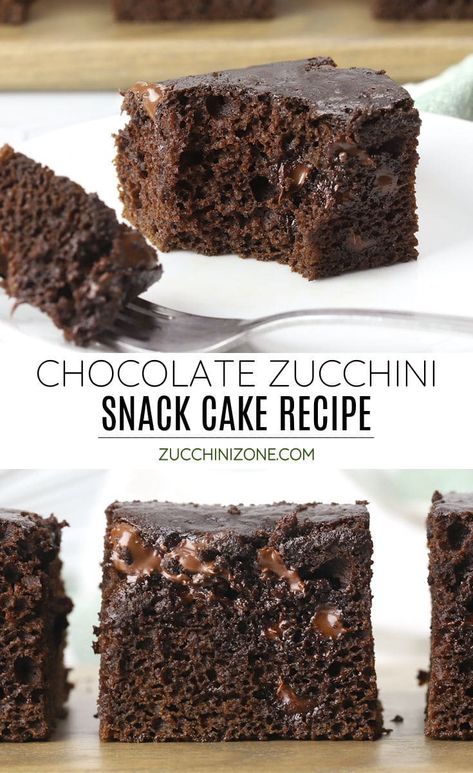 Chocolate zucchini snack cake recipe by Zucchini Zone. Chocolate zucchini snack cake is a rich and moist chocolate cake that's made entirely in the bowl of a food processor! This recipe makes an 8x8 pan of cake - perfect for small, snack size slices. #chocolatezucchinicake #zucchinisnackcake #snackcake #8x8cake #smallcake #smallbatchcake #zucchini #recipe #homemade Chocolate Chip Zucchini Snack Cake, Small Chocolate Zucchini Cake, Chocolate Zucchini Snack Cake, Zucchini Snack Cake, Small Zucchini Cake, Snack Cake Recipes 8x8, Moist Chocolate Zucchini Cake, 8x8 Cake, Zucchini Chocolate Cake