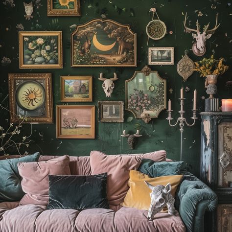 Witchy Aesthetic Home Decor, Dark Academia Small Home Library, Cottage Core Aesthetic Interior Design, Dark Green Wall And Ceiling, Whimsigoth Maximalist Decor, Green Witchy Living Room, Whimsigothic Gallery Wall, Maximalist Decor Gothic, Moody Wall Decor Ideas