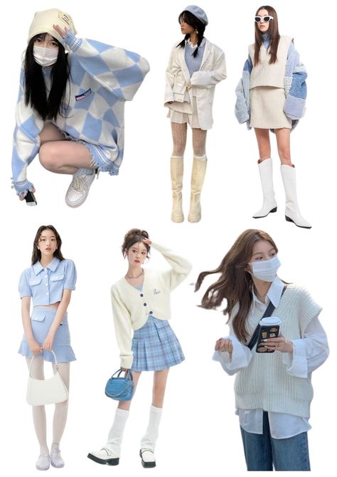 Txt Blue And White Outfit, Blue Party Outfit Aesthetic, Party Korean Outfit, Acubi Fashion Blue, Douyin Fashion Aesthetic, Blue Ootd Korean, Blue Acubi Fashion, Douyin Aesthetic Outfit, Blue Acubi Outfit