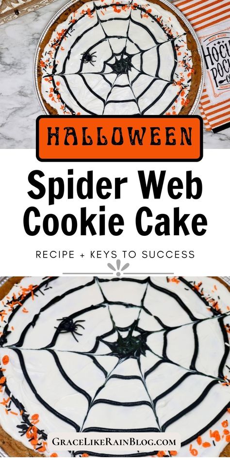 Looking for a show-stopping Halloween dessert? Our Spider Web Cookie Cake recipe is just the ticket! A delicious cookie cake covered in a velvety frosting and topped with a creepy crawly spider web design. Perfect for parties and sure to impress! Dare to try this decadent delight? Pizza Cookie Cake, Spider Cookies Halloween, Spider Web Cookies, Spider Web Cake, Spooky Spider Web, Refrigerated Cookie Dough, Halloween Pizza, Cookie Cake Designs, Spider Cookies