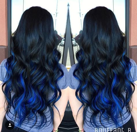 Black With Blue Tips Hair, Black And Blue Balayage Hair, Blue And Brunette Hair, Black And Dark Blue Hair Underneath, Black Hair With Blue Lowlights, Black With Blue Underneath Hair, Black And Blue Hair Underneath, Royal Blue Highlights, Blue To Black Hair Ombre