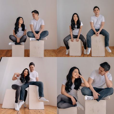 Self Shoot Prenup, Studio Casual Photoshoot, Couple Poses Self Photoshoot, Couple Photo Studio Ideas Casual, Couples Photoshoot Studio Photo Ideas, Prenup Concept Ideas, Casual Shoot Ideas, Minimalist Prewedding Photoshoot, Self Photoshoot Couple