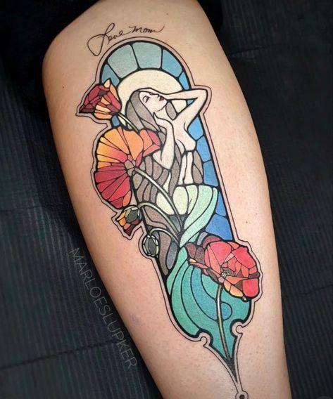 American Traditional Stained Glass Tattoo, Colorful Witch Tattoo, Black And Grey Stained Glass Tattoo, Art Nouveau Mermaid Tattoo, Stained Glass Back Tattoo, Stained Glass Flower Tattoo, Pink Sleeve Tattoo, Stainglass Tattoos, Art Nouveau Tattoos