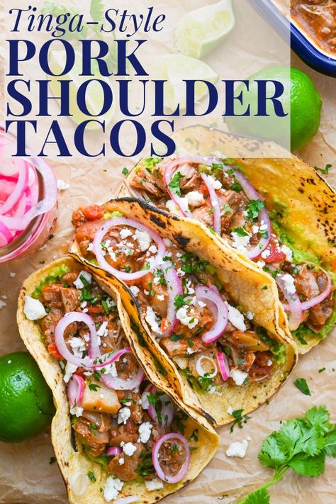 Baja Pork Tacos, Pork Tinga Tacos, Pork Shoulder For Tacos, Pork Shoulder Tacos Crockpot, Pork Shoulder Birria Tacos, Chipotle Pork Tacos, Best Pork Tacos, Braised Pork Tacos, Pork Tinga Recipe