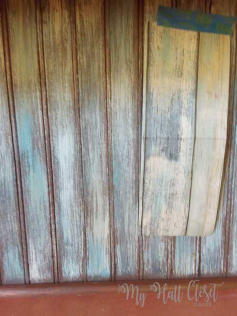 Distressed Wood Paneling Walls, Faux Bead Board Walls, Whitewash Beadboard, How To Paint Beadboard Paneling, Painting Beadboard Paneling, Distressed Painting Techniques, Painted Beadboard Walls, Painting Beadboard, Stained Beadboard