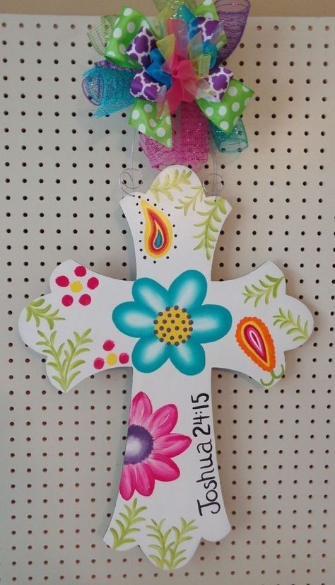 Scripture Flowers, Cross Projects, Painted Wooden Crosses, Painted Crosses, Wooden Cross Crafts, Cross Door Hangers, Easter Door Decor, Handmade Door, Cross Decor