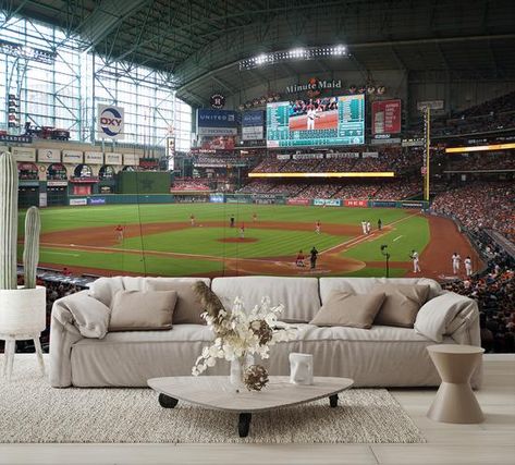 Minute Maid Park Baseball Diamond Field Custom Designed Wallpaper Peel and Stick - Let's Print Big Sports Basement Ideas, Sports Man Cave Ideas, Baseball Basement, Vintage Baseball Room, Sports Room Man Cave, Baseball Theme Room, Baseball Man Cave, Repositionable Wallpaper, Sports Man Cave