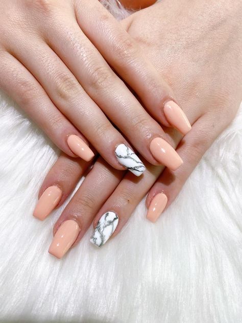 Peach Sns Nails, Peach Marble Nails, Peach Nude Nails, Marble Accent Nails, Marble Acrylics, Salmon Nails, Gel Acrylics, Peach Nail Art, Nails Coffin Shape