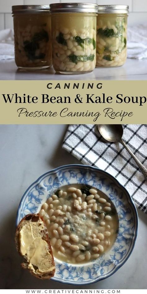 Canning White Bean and Kale Soup Kale Canning Recipes, Canning White Beans, Canning Kale, White Beans And Kale Soup, White Bean Potato Kale Soup, Tuscan White Bean And Kale Soup, Kale And White Bean Soup, White Bean Kale Soup Vegan, 16 Bean Soup