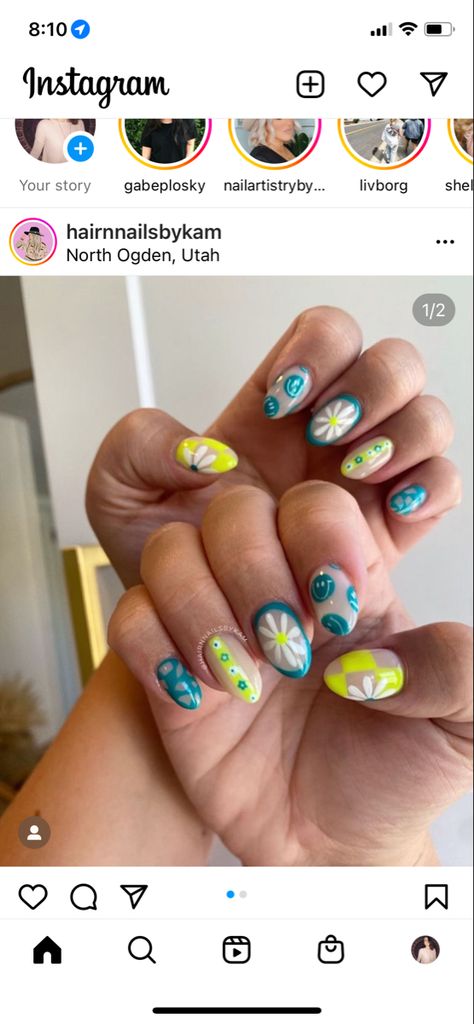 Nails Acrylic Almond Short Summer, Cute Hippie Nails, Summer 2023 Nails Almond, Bright Western Nails, Mismatched Nails Summer, Fun Summer Nails Almond, Sherbet Nails, Kidcore Nails, Funky Summer Nails