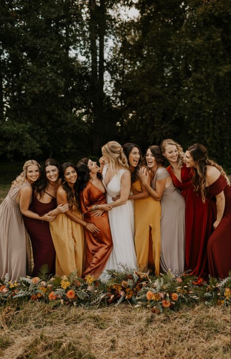 Multi Colored Fall Bridesmaid Dresses, Sunset Tones Wedding, Sunset Wedding Colors Colour Palettes, Bridesmaid Pallet, Mixed Bridesmaid Dresses Fall, Sunset Theme, Fall Bridesmaid, Bohemian Bridesmaid Dress, Burnt Orange Wedding