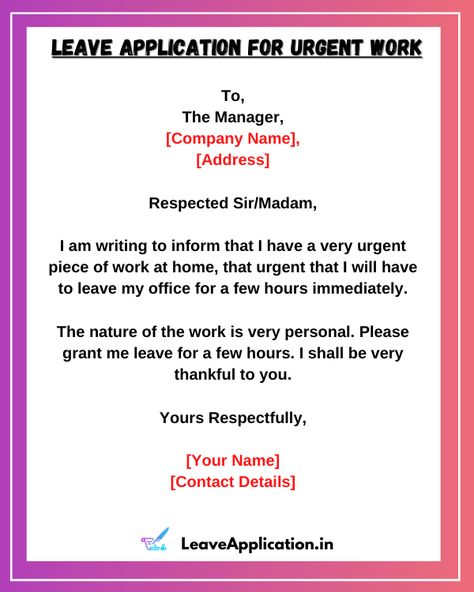 A simple guide to writing an application For Urgent Piece Of Work For School Teacher & how students, employers can get instant leave from the office or school. Leave Application For School By Student, Leave Application For Office, School Leave Application, Formal Letter Writing Format, Application Letter For Employment, Application Letter For Teacher, Letter Writing Format, Formal Letter Writing, Email Format