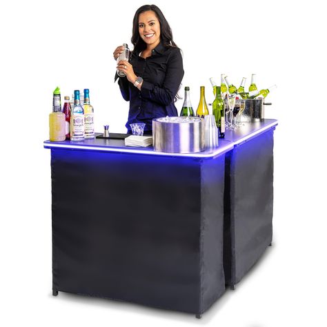 PRICES MAY VARY. DOUBLE LED BAR SET: Includes 2 bar tables with multi-color LED lights built into the tabletop frame for a high quality performance and look; Cycle between 8 color modes; Includes an attachable black bar skirt that works for casual and formal events MOBILE BARTENDERS: Get 2x the space for large parties and events; Includes 2 clamps to connect the tables in an L-shape or side by side; Each table measures 39 x 36 x 15 inches (W x H x D) when open; Requires 3 AA batteries per table Outdoor Bar Setup For Party, Cocktail Party Set Up Ideas, Mobile Bartending Setup, Mobile Bar Set Up, Bar Set Up For Wedding, Bar Set Up For Party At Home, Bar Setup For Party, Party Basement, Mobil Bar